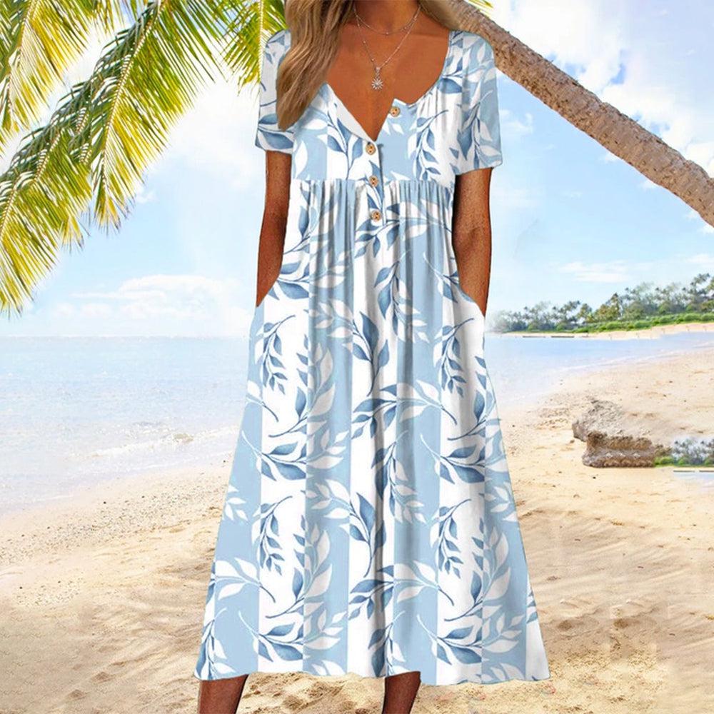 Elise™ - Blaues Paradise-Midikleid mit kurzen Ärmeln und plissierten Seitentaschen