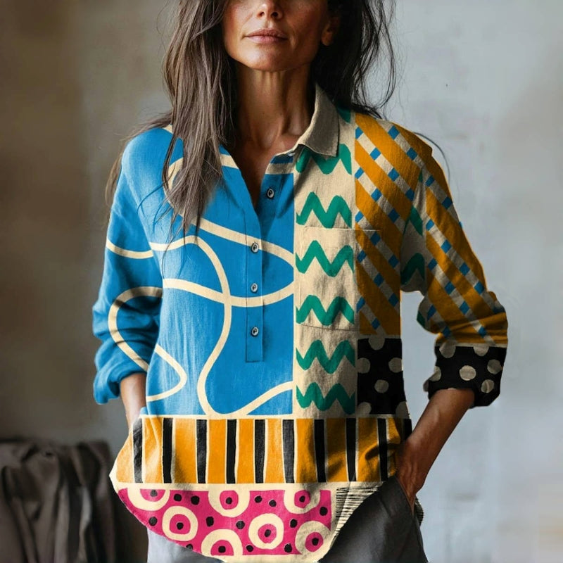 Velia – Vintage Geometrischem Print Bluse