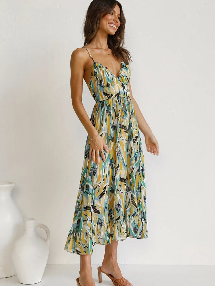 Emmeline – Blumenmuster und Trägern Langes Kleid