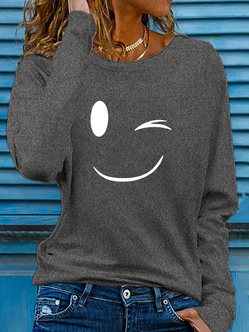 Odalina - Lässiges T-Hemd Mit Smiley Zwinkern Aufdruck