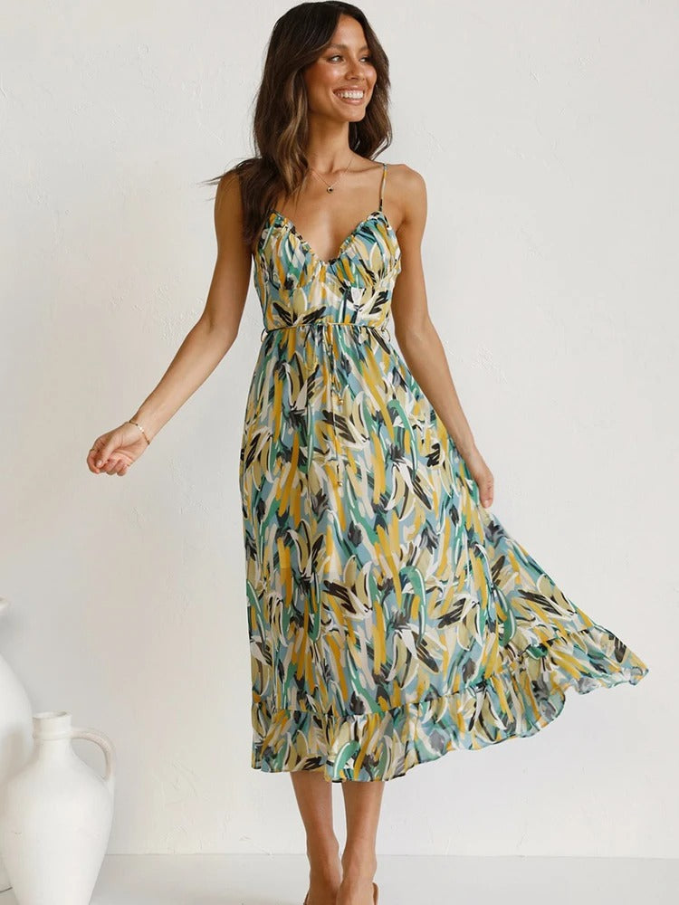 Emmeline – Blumenmuster und Trägern Langes Kleid