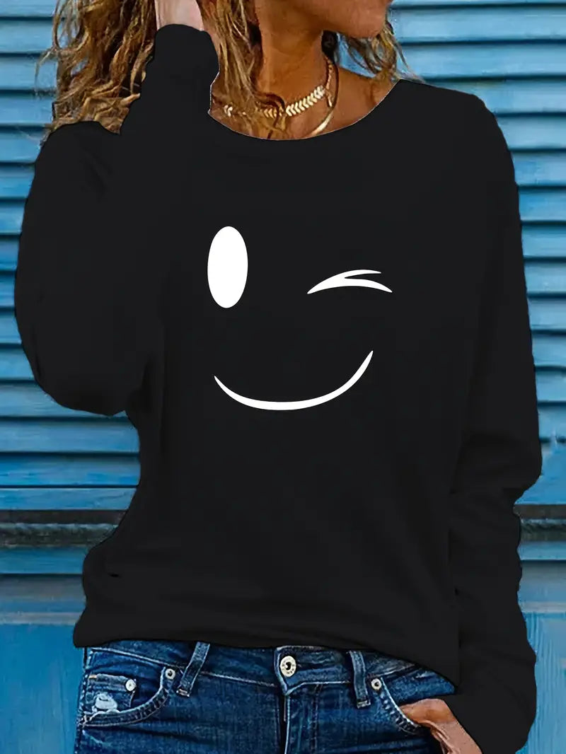 Odalina - Lässiges T-Hemd Mit Smiley Zwinkern Aufdruck