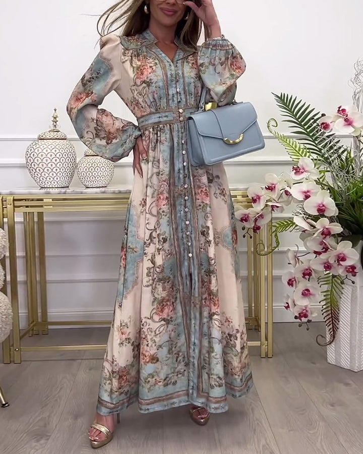 Kitana –  Knopfleiste und Blumendruck Langes Kleid