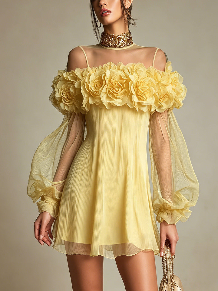 Liziana – Plissiertes Mini Kleid mit 3D-Blumen Verzierungen