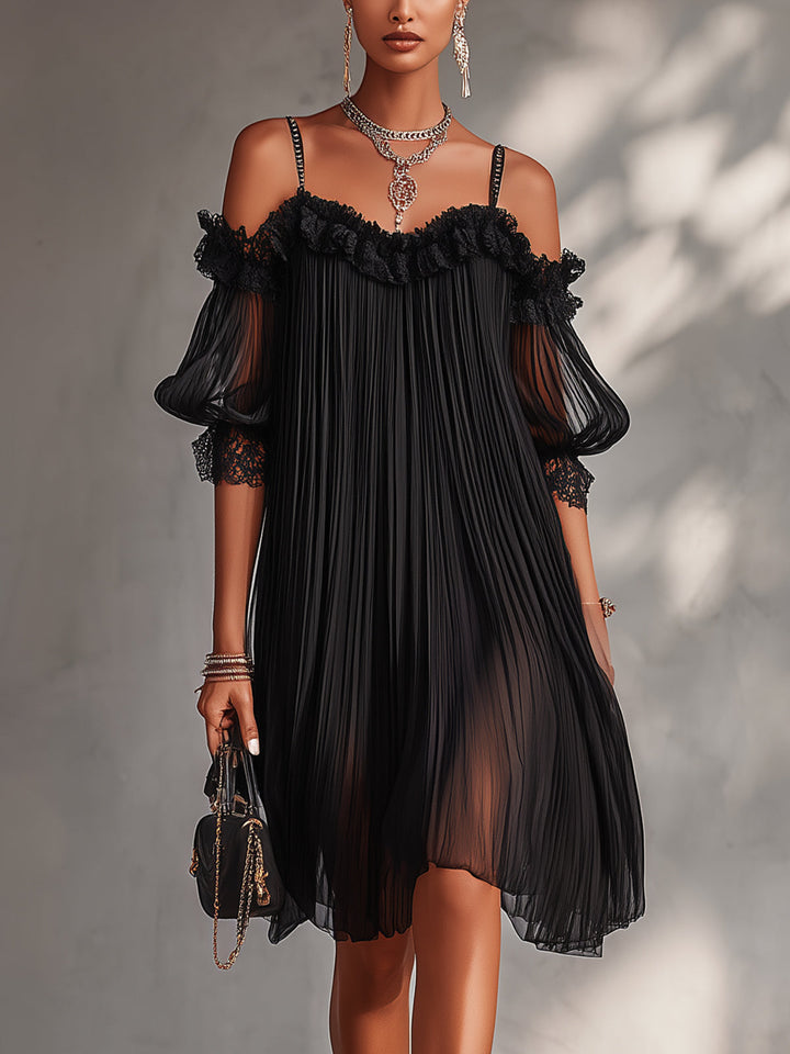 Silija – Chiffon-Minikleid Mit Schulterfreiem Ausschnitt Und Spitzenbesatz