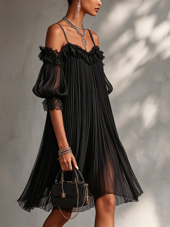 Silija – Chiffon-Minikleid Mit Schulterfreiem Ausschnitt Und Spitzenbesatz