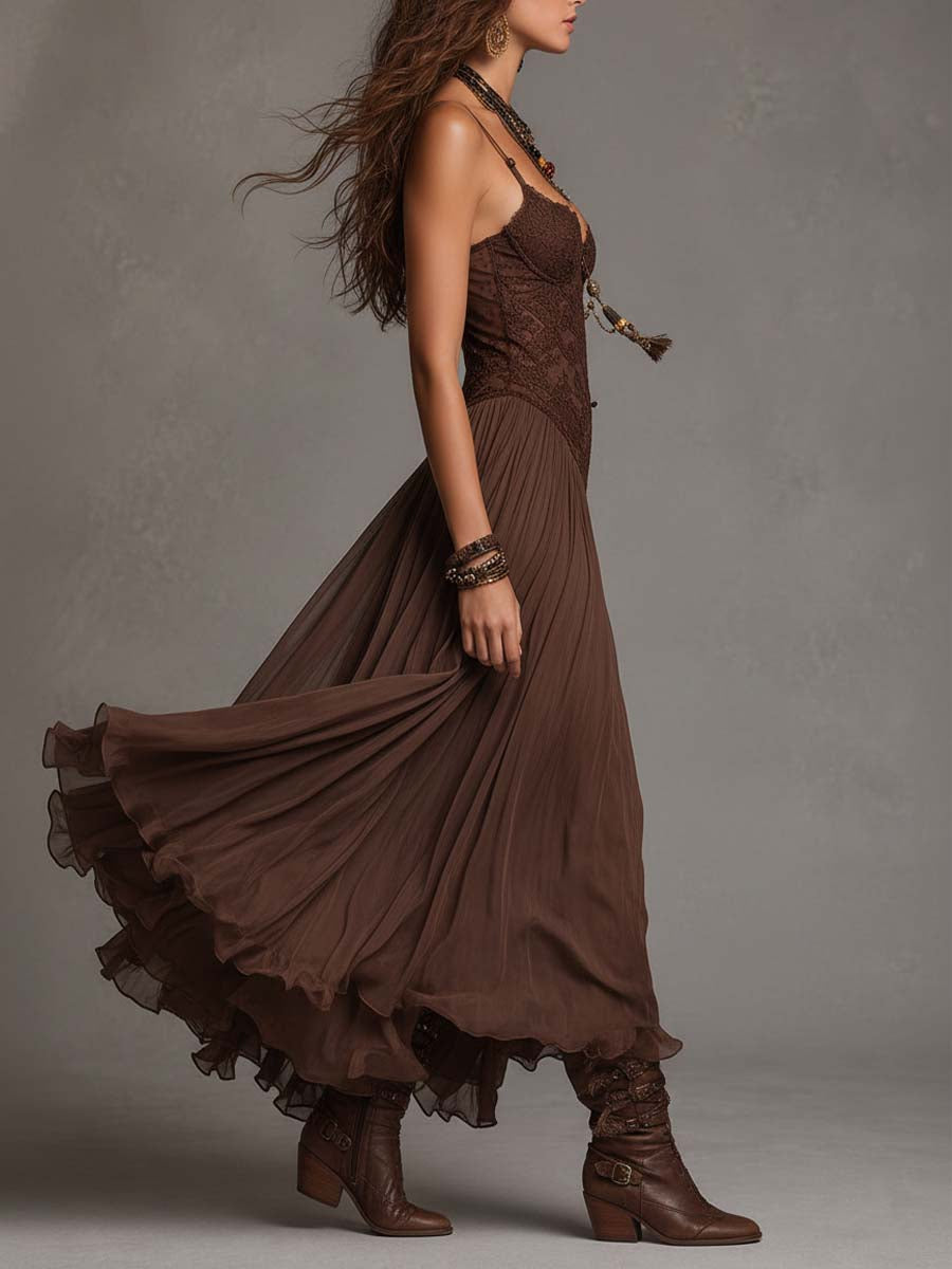 Serisha – Fließendes Maxikleid Mit Spitzenoberteil