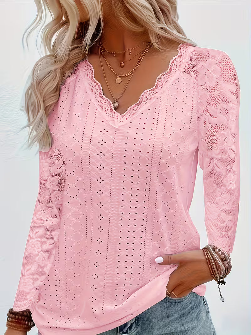 Shaleva - Stylisches Langarm Shirt Mit Spitzen V-Ausschnitt