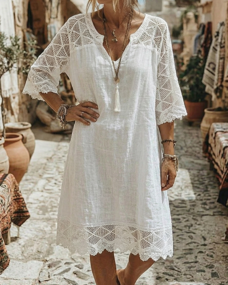 Kilina – Patchwork-Kleid Mit V-Ausschnitt Und Spitze