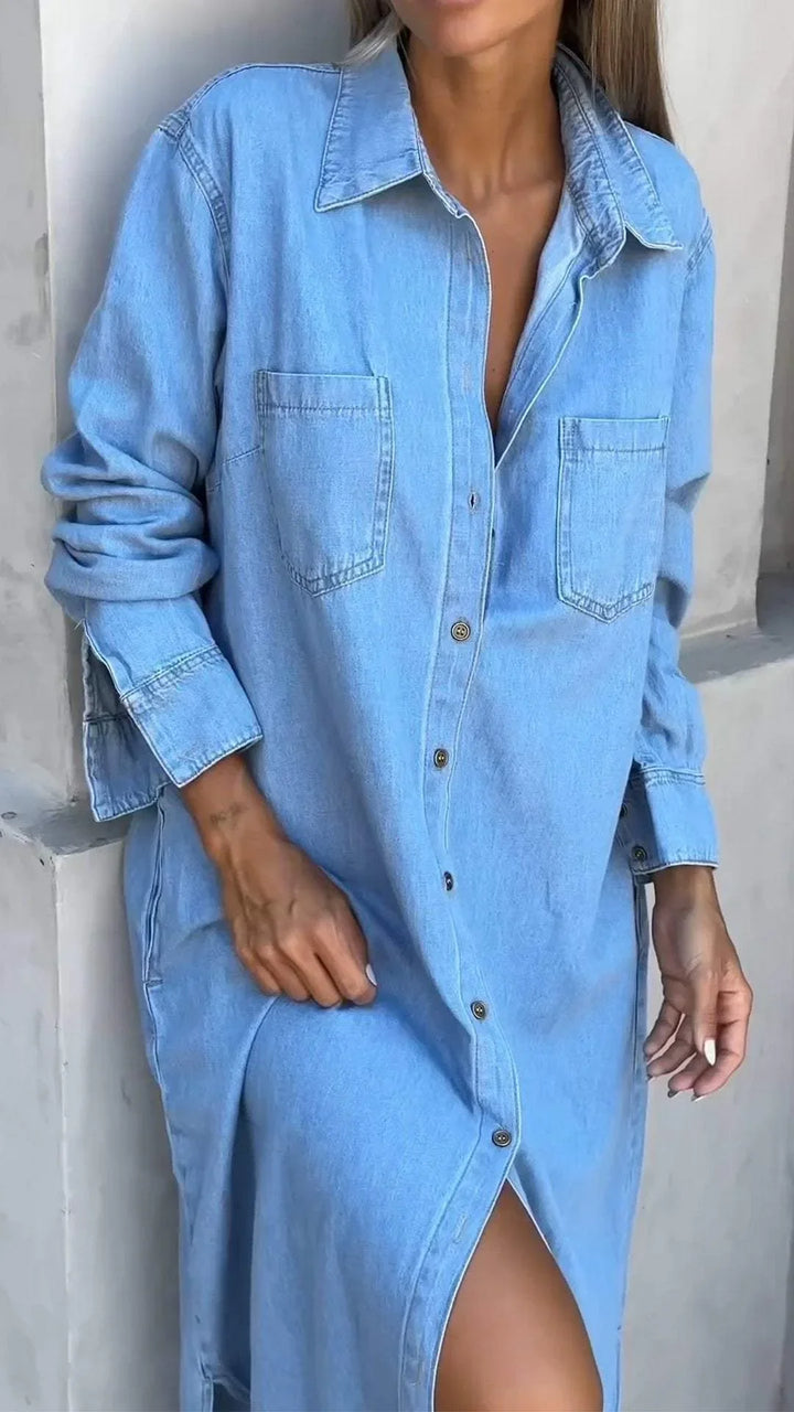 Vallina – Langärmliges Kleid aus Denim Mit Reverskragen