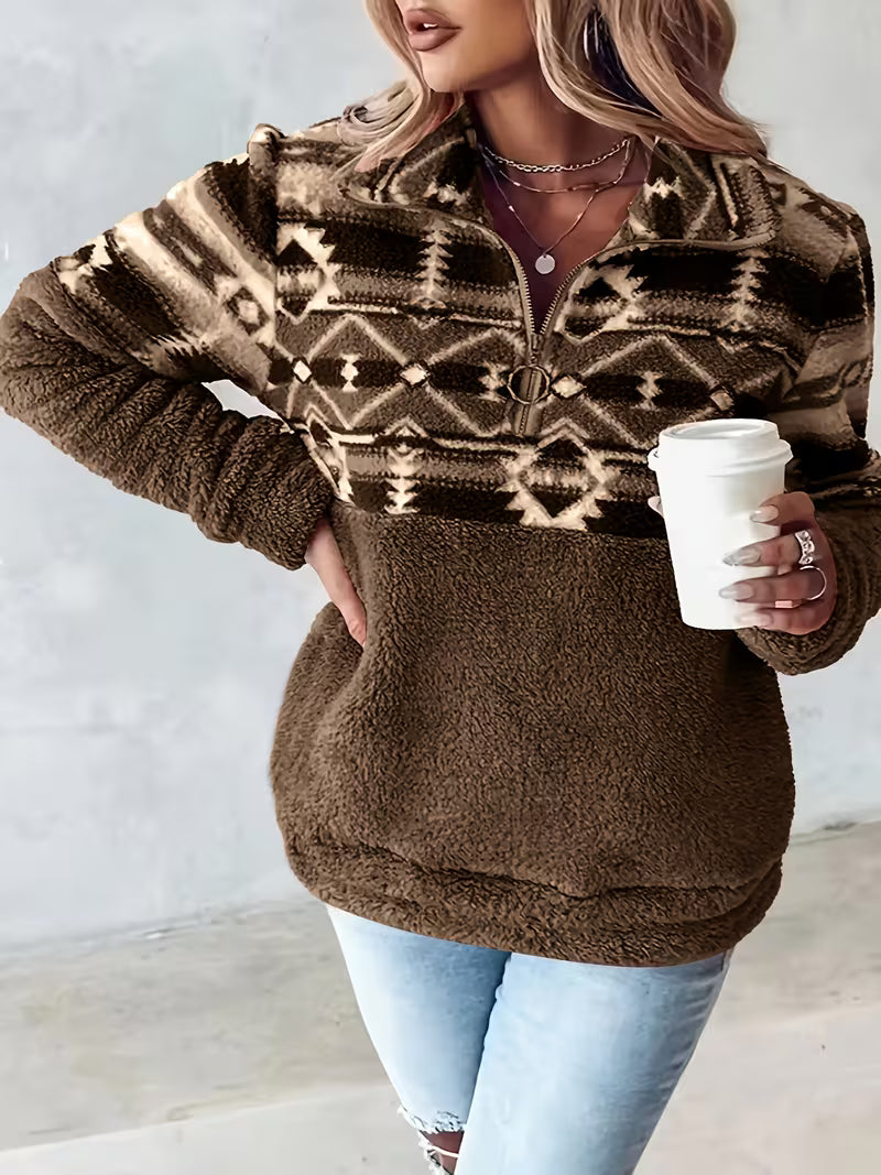 Limina – Teddy-Sweatshirt Mit Halbem Reißverschluss Und Geometrischem Muster