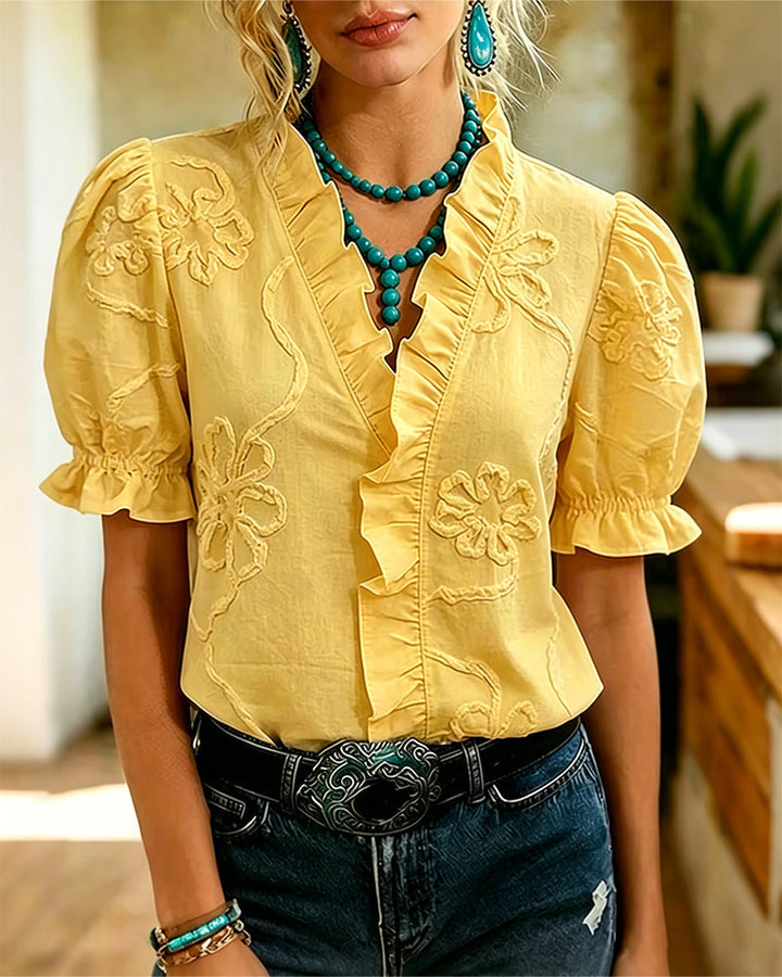 Lillynn - Bluse Mit V-Ausschnitt Rüschenbesatz Und Puffärmeln