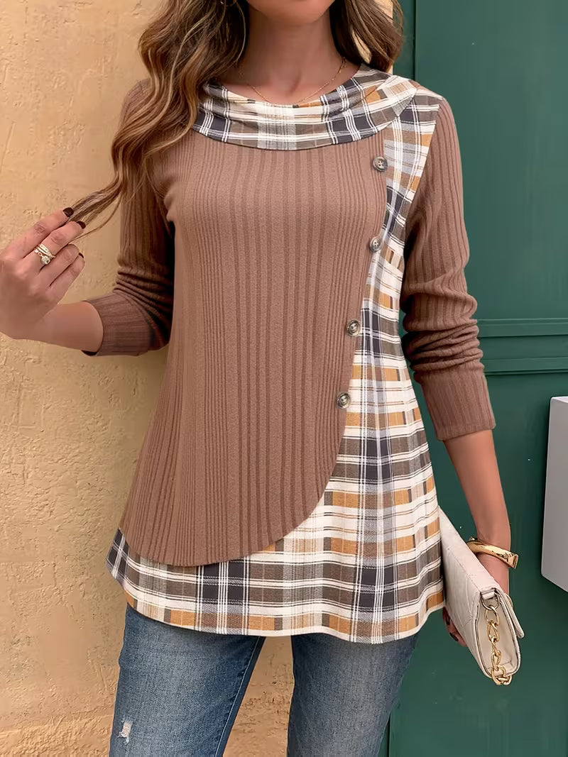 Lucynda – Geripptes Langarm Oberteil mit Print und Knopfdetails