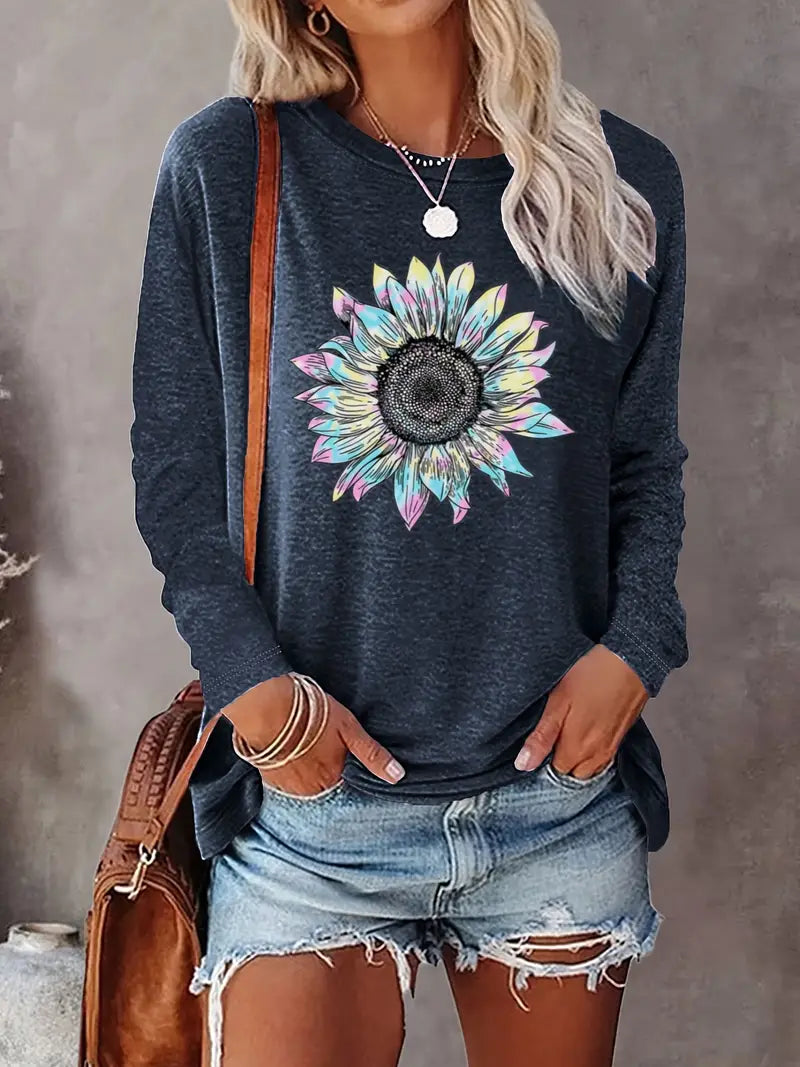 Levine – Elegantes Langarm Tunika Oberteil Mit Sonnenblumen Drucken