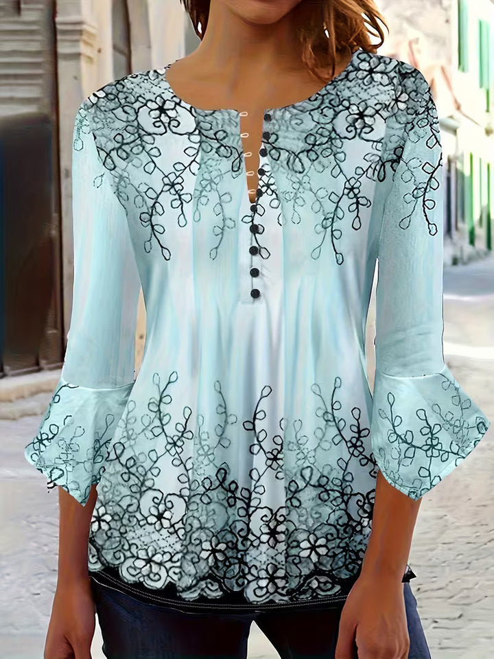Mesley – Bluse Med Halvlange Ærmer, Blomsterprint Og Flæsekant
