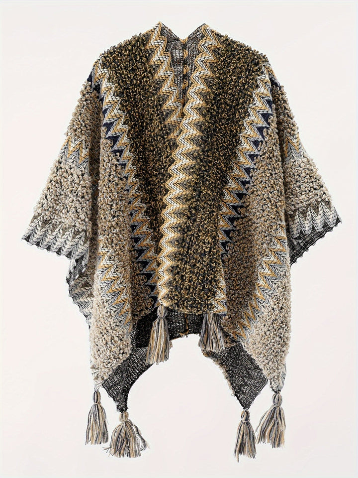 Briana - Tassel Striped Blanket Cape Travel Jacket