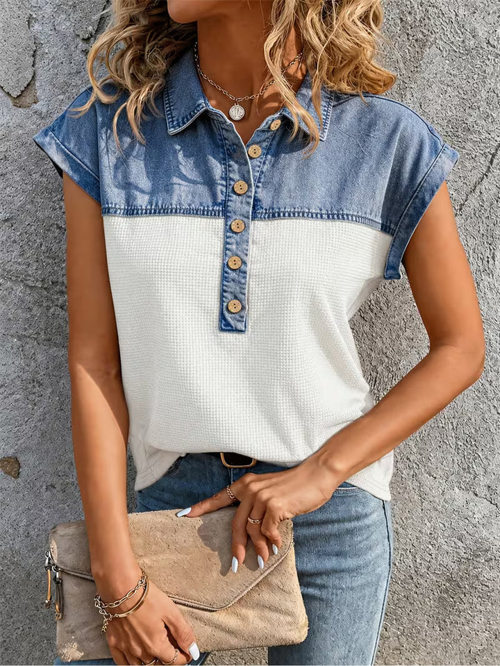 Haily - Lässiges Denim-Oberteil mit Patchwork-Kragen und kurzen Ärmeln