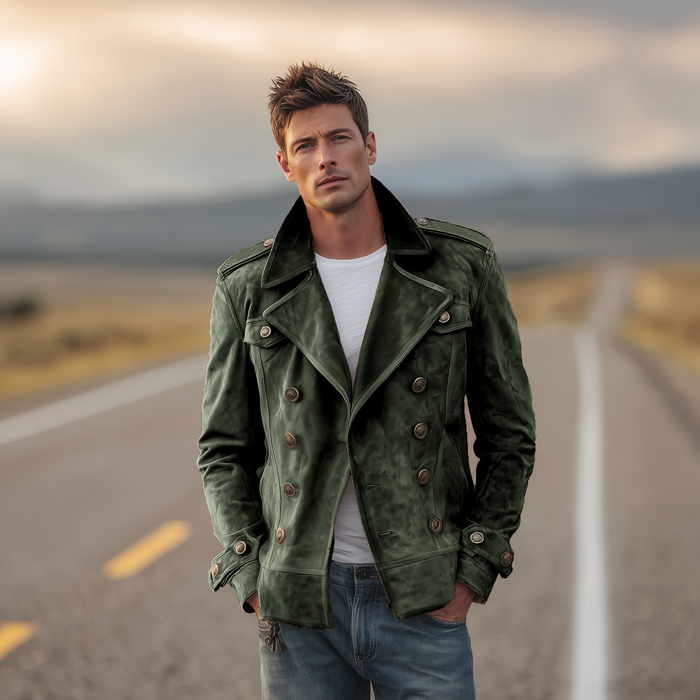 Momonosuke - Klassische Retro Jacke im Westernstil Mit Revers Und Doppelter Knopfleiste Aus Wildleder