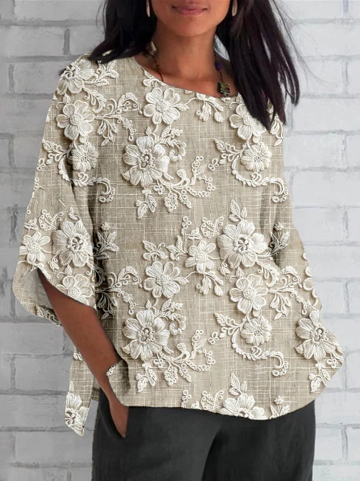Shirin – Vintage-Bluse aus Leinen und Spitze mit Blumenmuster
