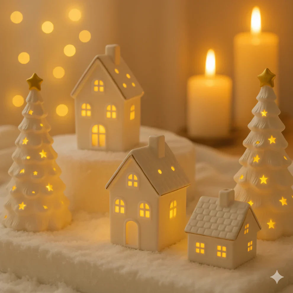 SnowLume – Keramik Weihnachtsdorf LED Dekorationsset