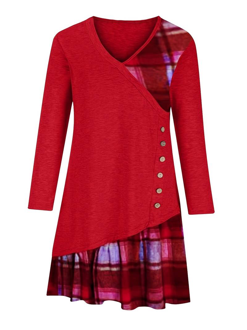 Alinor - Lässiges Kariertes Patchwork Kleid Mit Langen Ärmeln