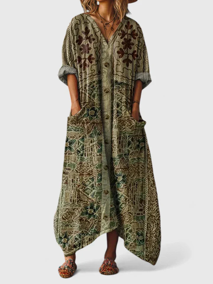 Ketzia – Elegantes Langes Kleid Mit Taschen