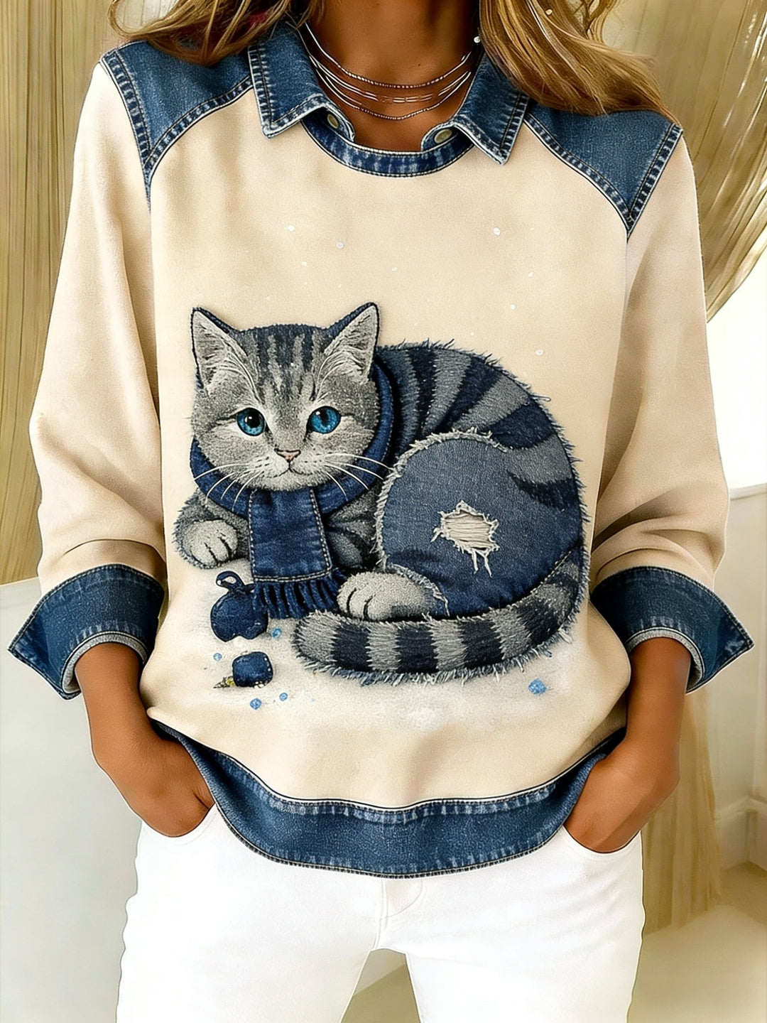 Eponin – Retro Katzen Jeansstoff Flickwerk Sweatshirt