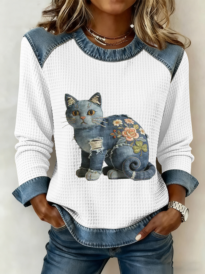 Karmela - Vintage Jeansstoff Patchwork Drucken Oberteil