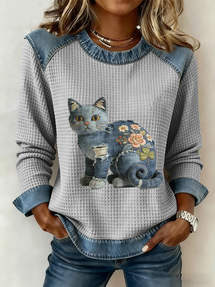 Karmela - Vintage Jeansstoff Patchwork Drucken Oberteil