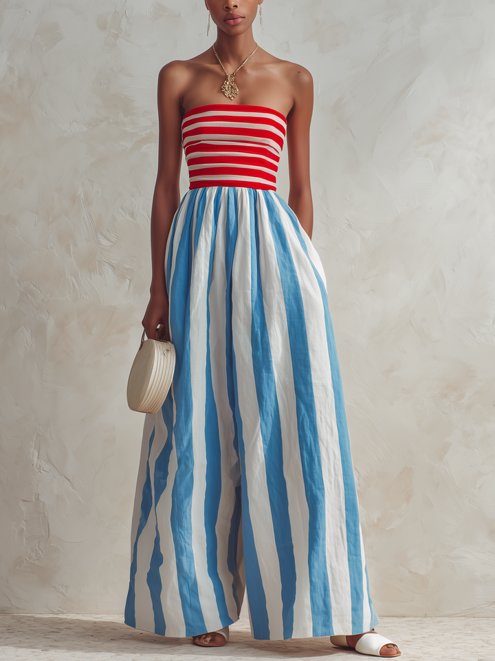 Billie – Trägerloser, gestreifter Jumpsuit mit weitem Bein