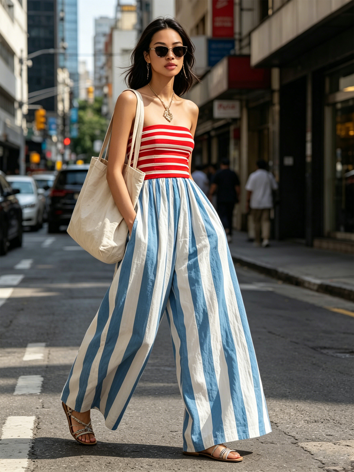 Billie – Trägerloser, gestreifter Jumpsuit mit weitem Bein