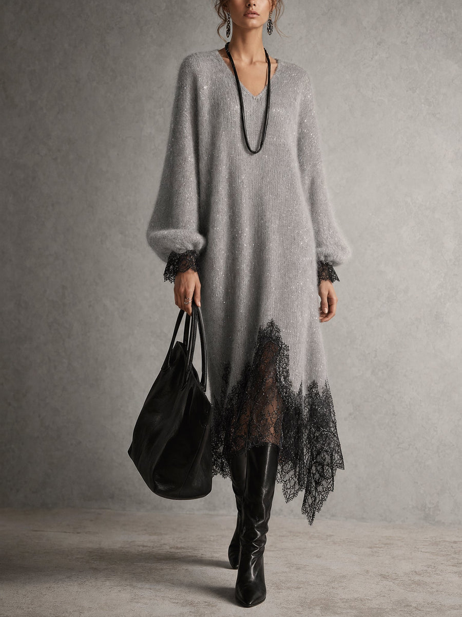Samyra - Midi Kleid Aus Strick Mit Spitze