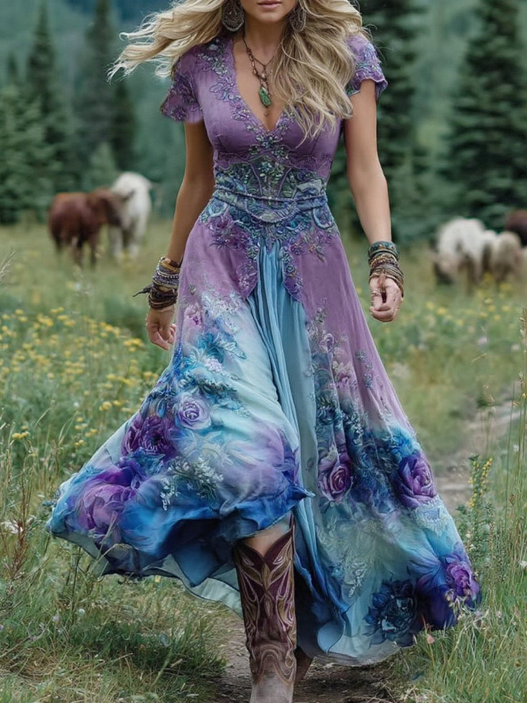 Marcina – Elegantes Maxikleid Mit Floralen Farbtönen