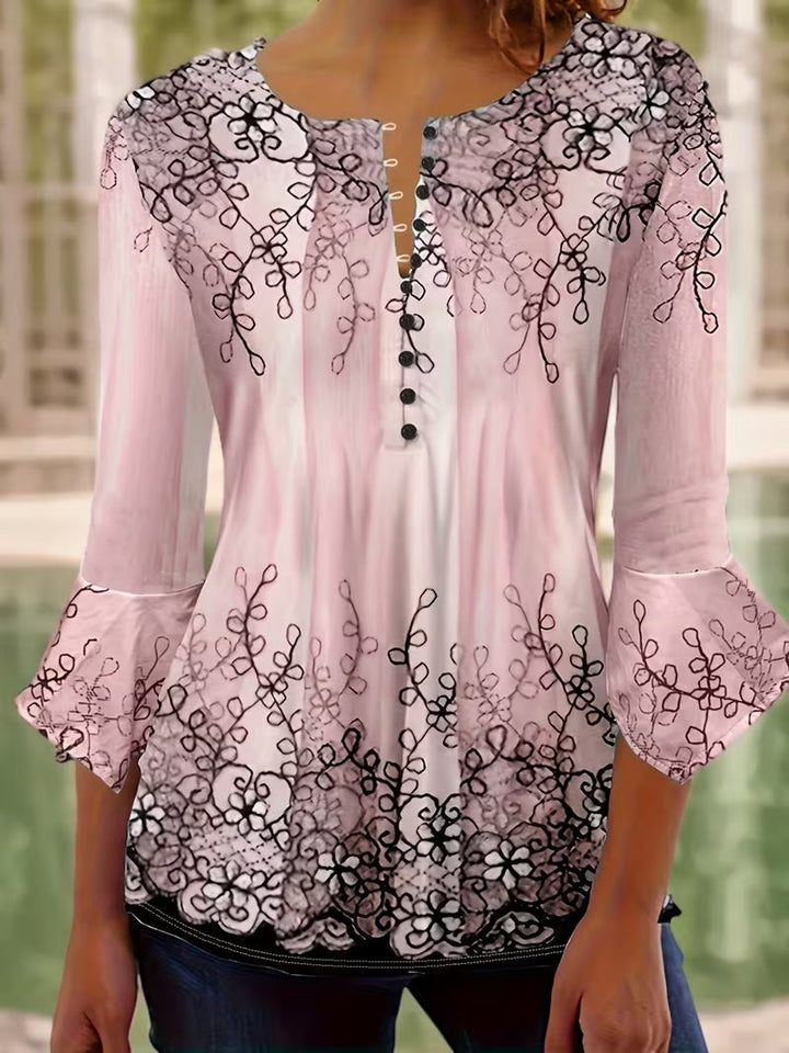 Mesley – Bluse Med Halvlange Ærmer, Blomsterprint Og Flæsekant