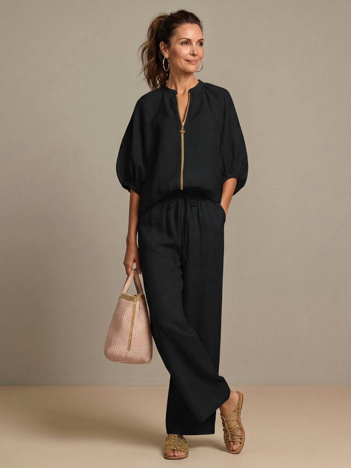 Sharina - Set Aus Bluse Mit Reißverschluss Und Hose Mit Weitem Bein