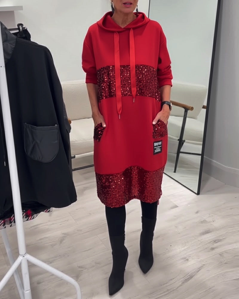 Mansherry - Modisches Patchwork Kleid Mit Kapuze