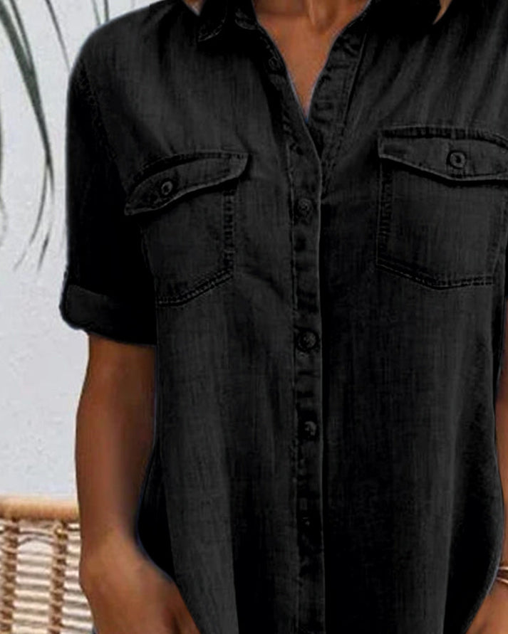 Sveta - Kurzärmeliges Denim-Kleid mit Knopfleiste