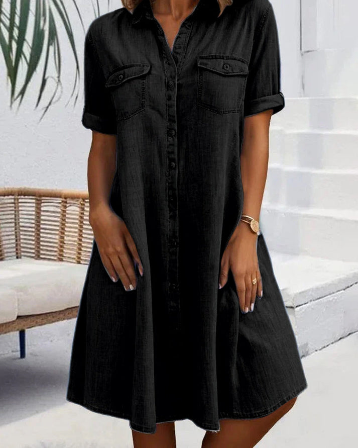 Sveta - Kurzärmeliges Denim-Kleid mit Knopfleiste