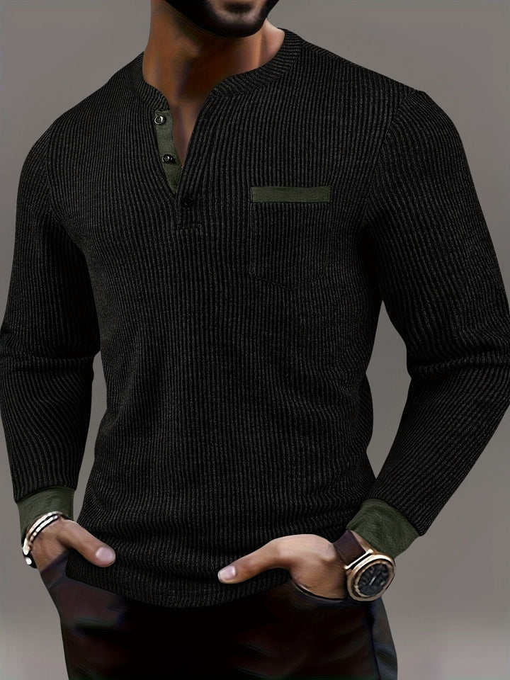 Deegan - Textured Striped Collar Long Sleeve Henley Shirt