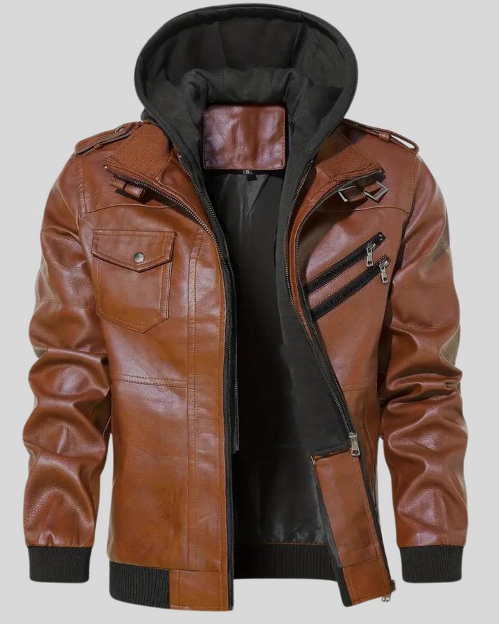 Davor – Leder Jacke Mit Kapuze Und Doppeltem Reißverschluss