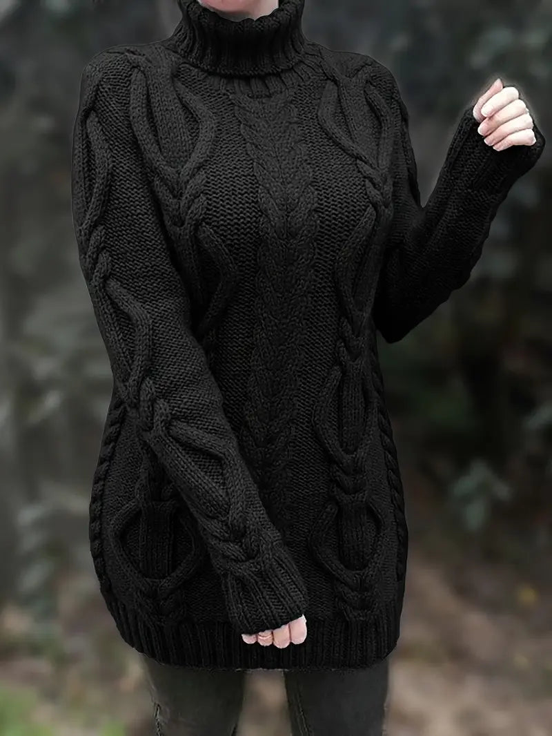 Narda - Klobig Kabel Gestrickt Rollkragen Kleid