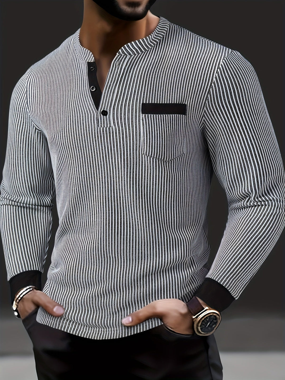Deegan - Textured Striped Collar Long Sleeve Henley Shirt