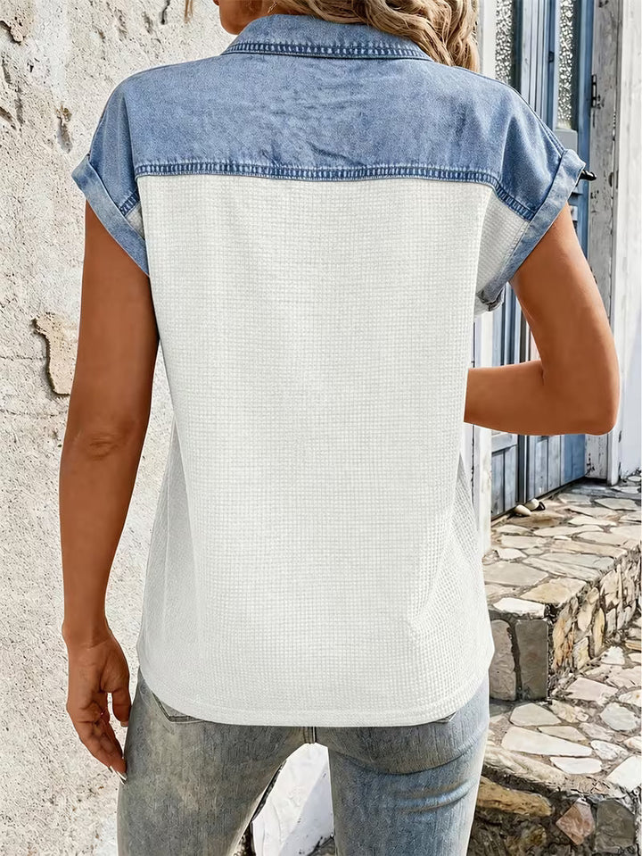 Haily - Lässiges Denim-Oberteil mit Patchwork-Kragen und kurzen Ärmeln