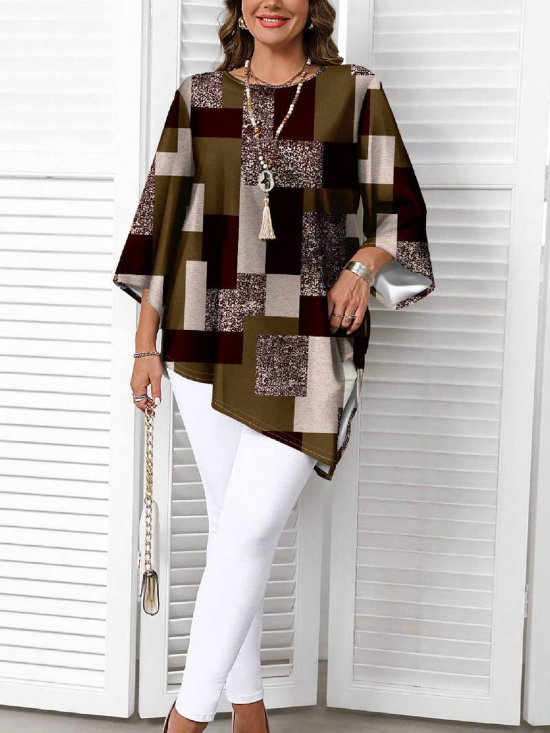 Nurit - Karierte Oversize Bluse Mit Kurzarm Und Drucken