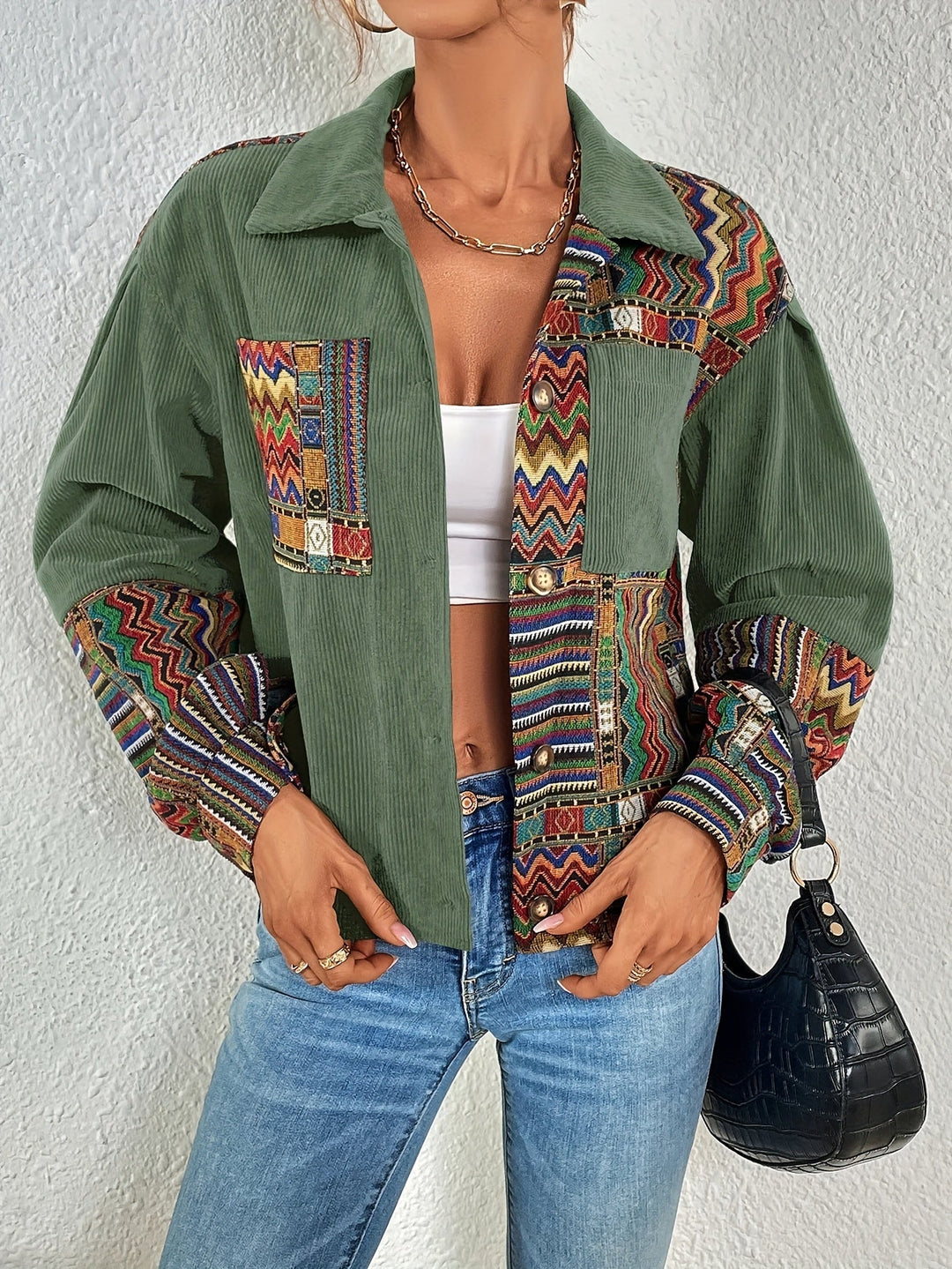 Amelina – Boho-Patchwork-Cordjacke mit Knöpfen
