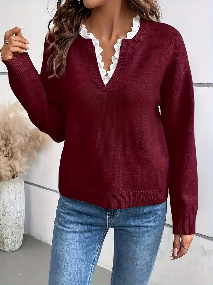 Kimbra – Stilvoller Pullover Mit V-Ausschnitt Und Spitzenbesatz