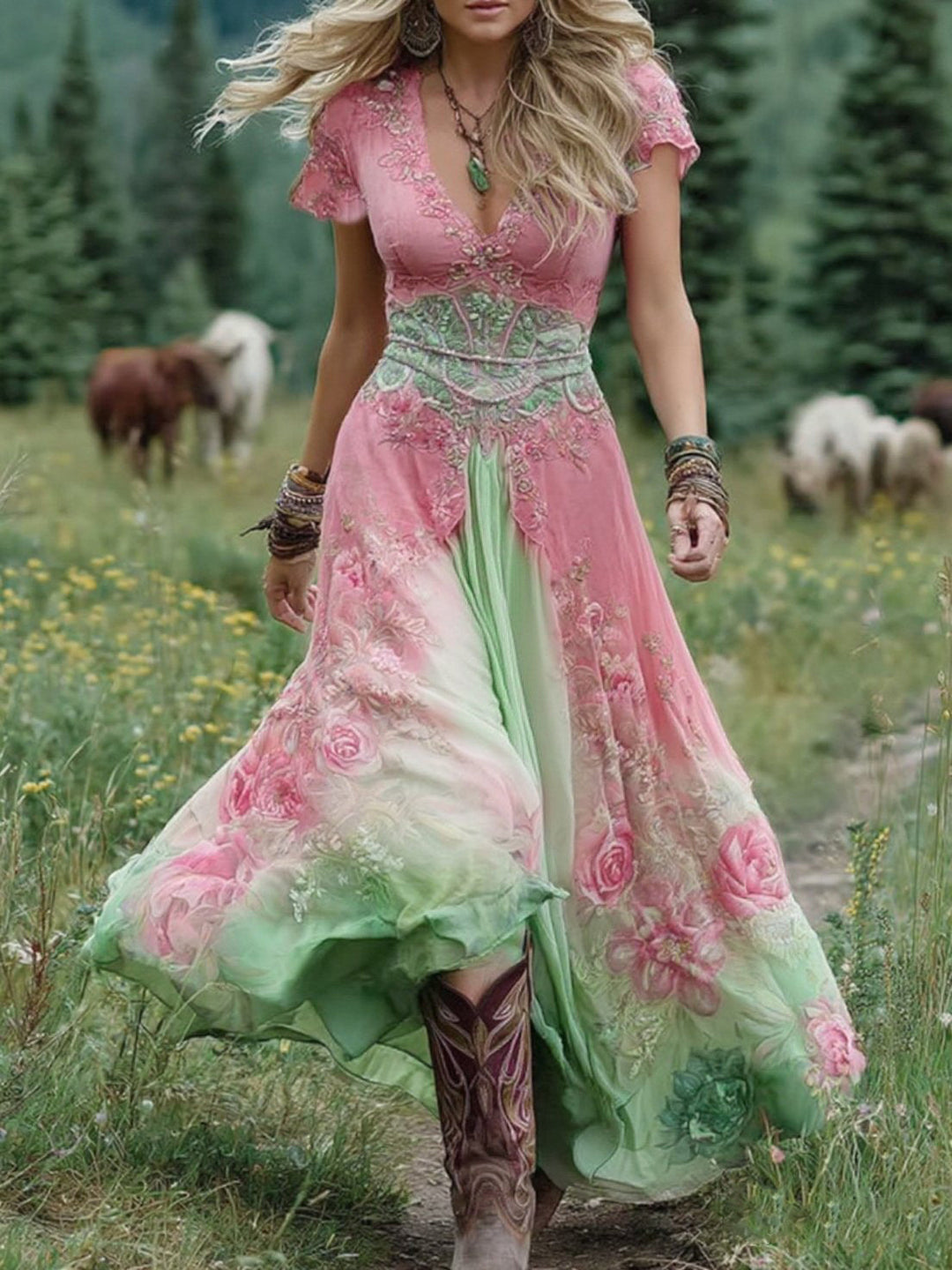 Marcina – Elegantes Maxikleid Mit Floralen Farbtönen