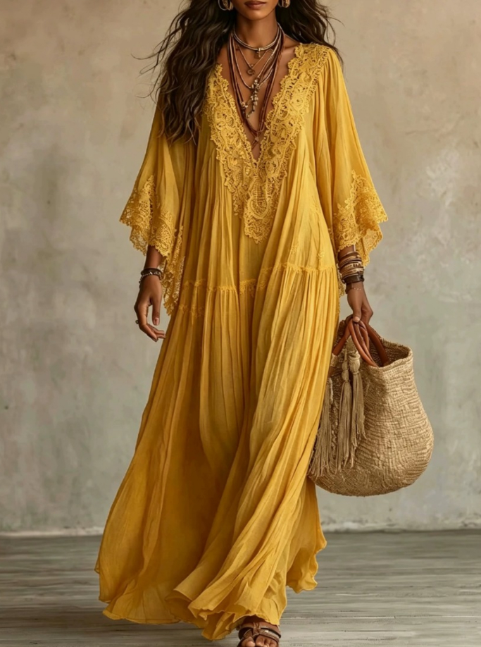 Ainura - Langes Kleid Aus Elfenbeinfarbenem Chiffon Und Spitze