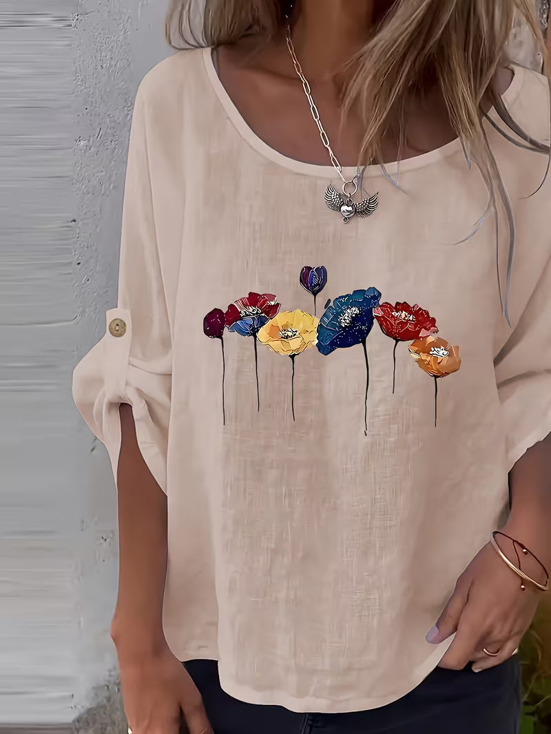 Sheril – Lockeres Oberteil mit Rollkragen und Ärmeln im Blumenmuster