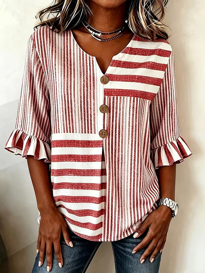 Avyra – Gestreiftes Patchwork-Oberteil mit Rüschenärmeln und Knöpfen